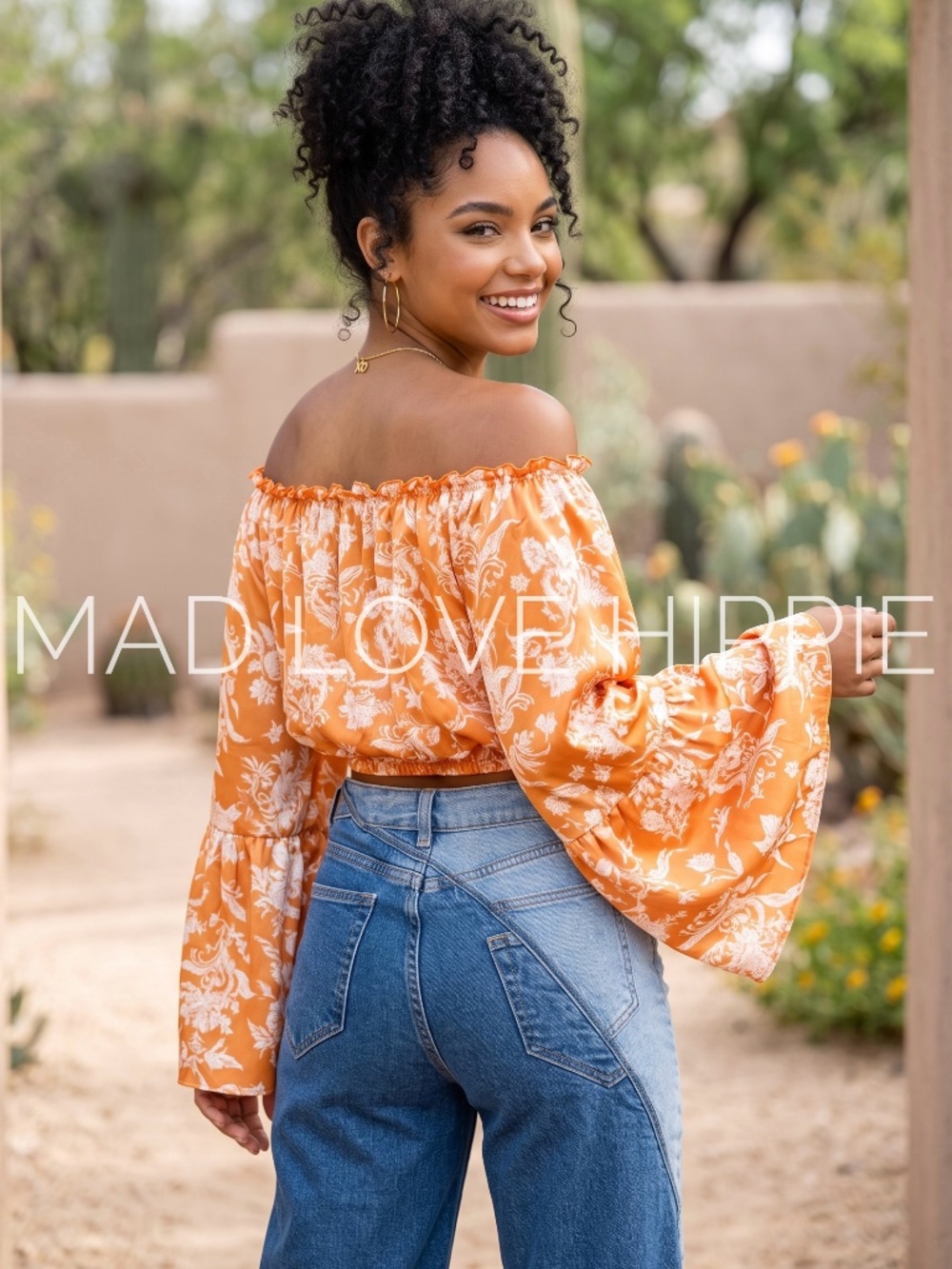Peach Love Orange Floral Satin Crop Top | Off Shoulder Bubble Bell Sleeve